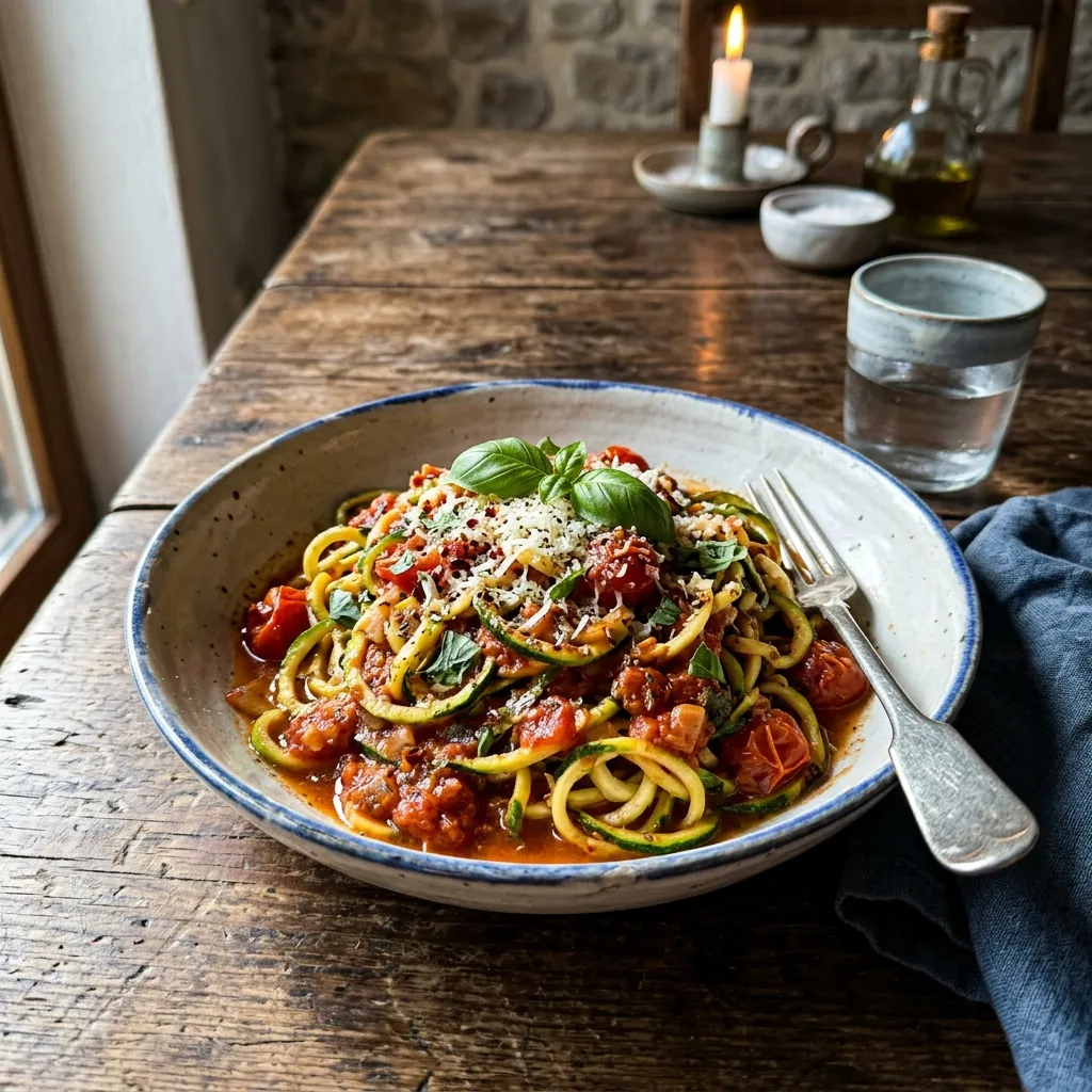 Low-carb courgette noodles with fruity tomato sauce