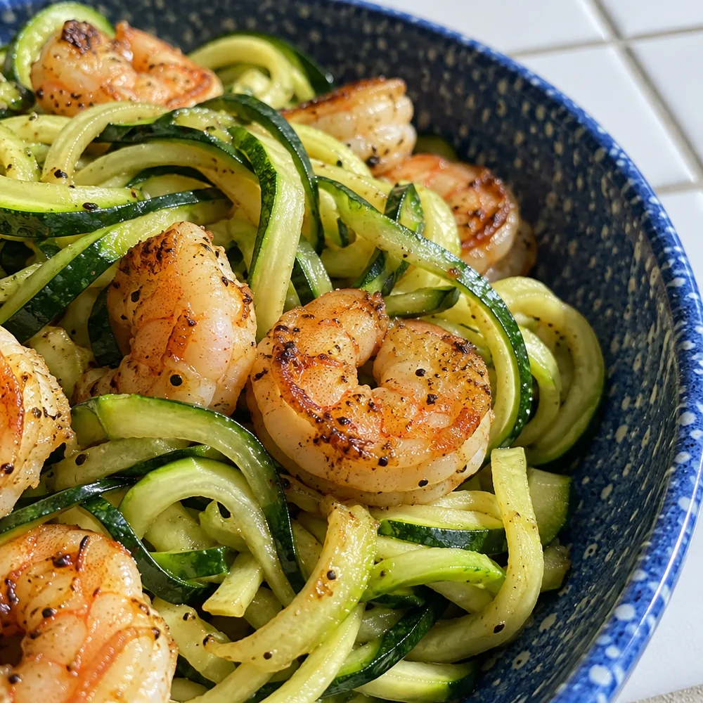 Low-carb courgette noodles with prawns