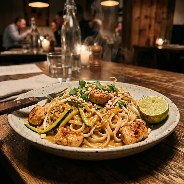 Low-FODMAP peanut chicken with rice noodles
