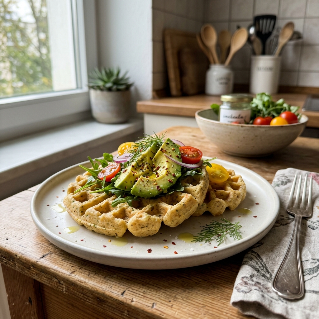 Fluffy chickpea waffles with avocado