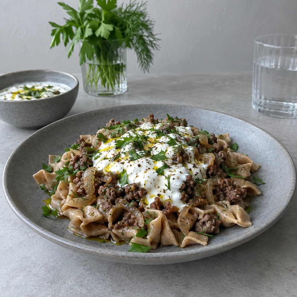 Lazy manti – Turkish pasta with beef mince and yoghurt