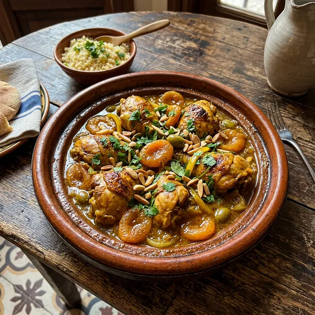 Quick Moroccan one-pan chicken with apricots and almonds