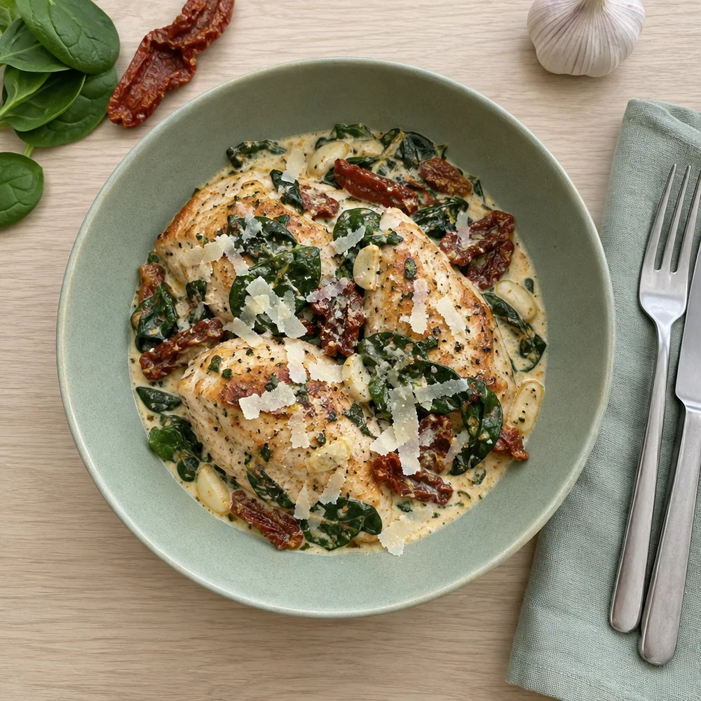 Marry me chicken with sun-dried tomatoes, spinach and parmesan