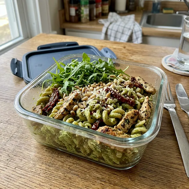 Meal prep chicken pasta salad with pesto and rocket