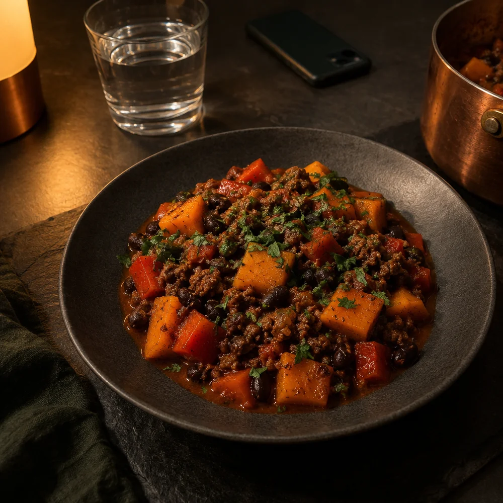 Meal prep beef chilli with black beans and squash