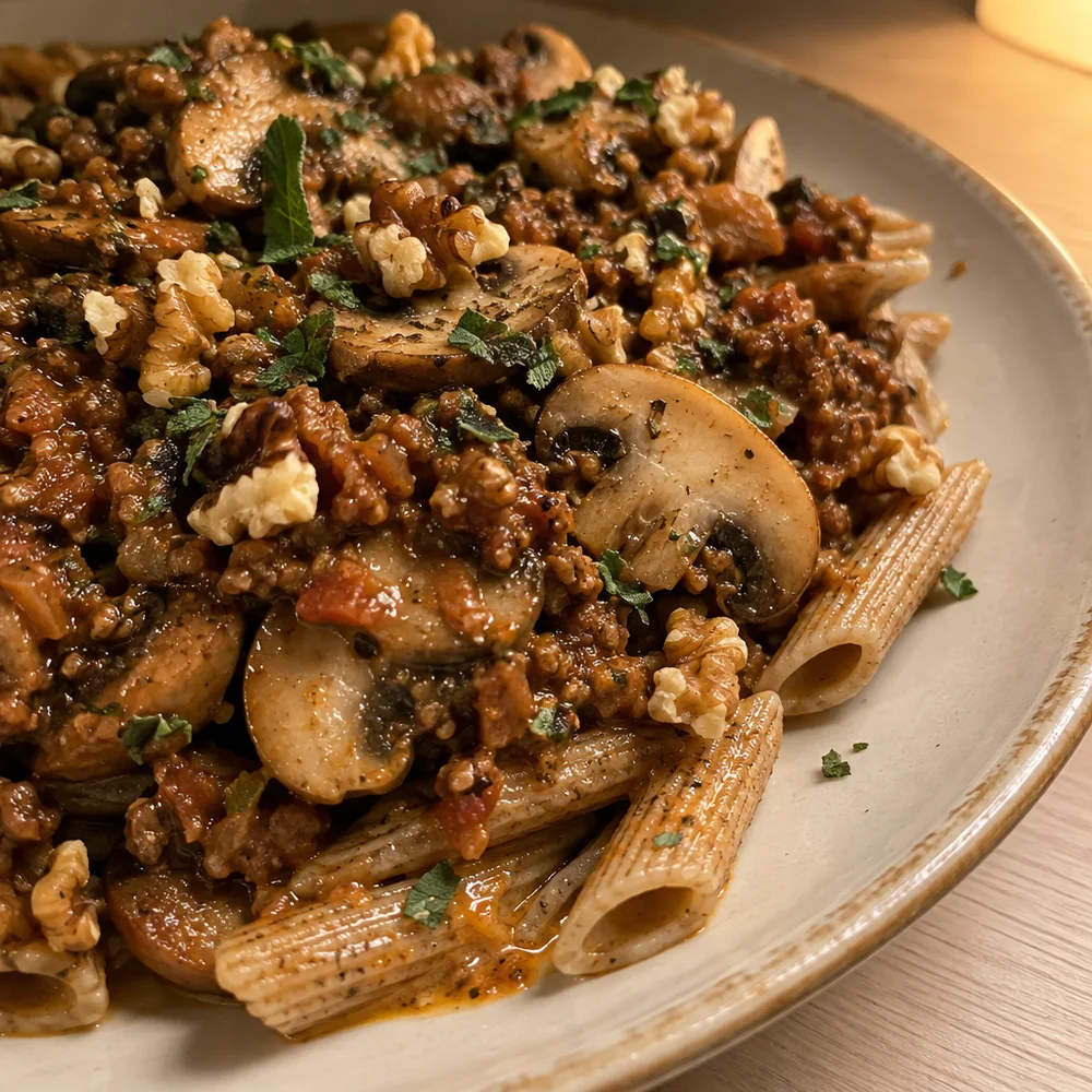Meal prep wholewheat pasta with mushroom bolognese and walnuts