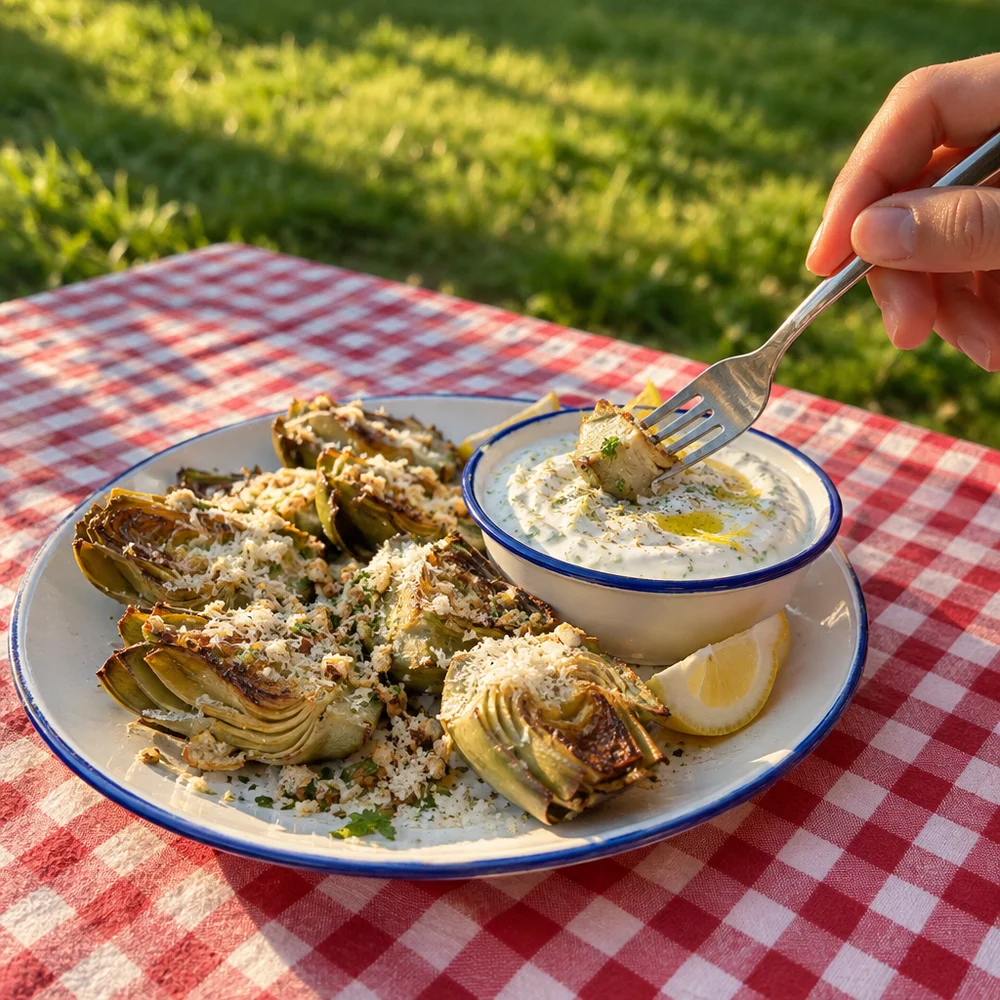 Mediterranean air fryer artichokes with lemon yoghurt dip