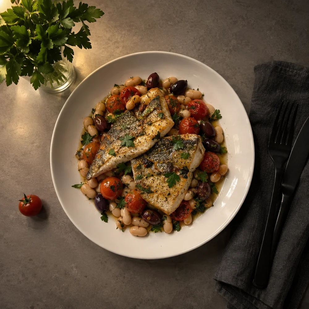 Mediterranean air fryer sea bream fillets with olives and beans