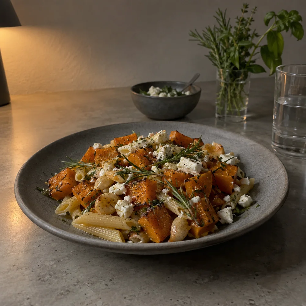 Mediterranean baked squash and feta pasta with rosemary