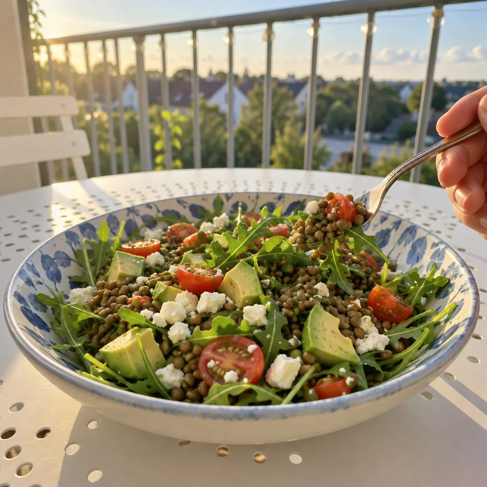 Mediterranean lentil bowl with rocket and feta