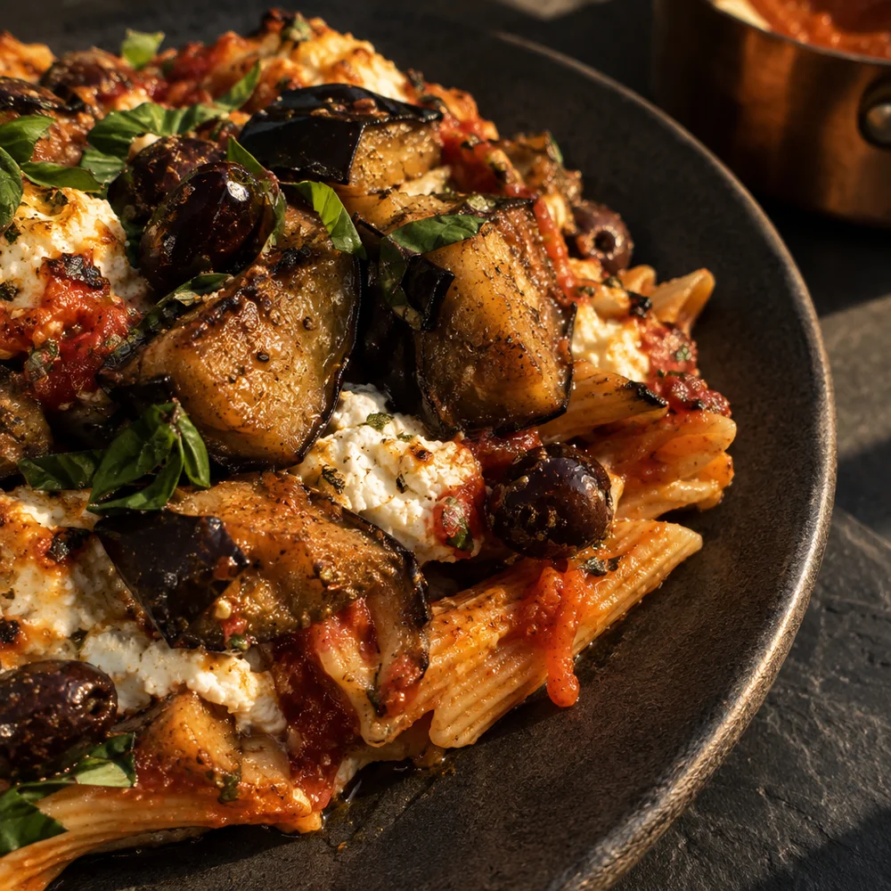 Mediterranean pasta bake with aubergine, ricotta and olives