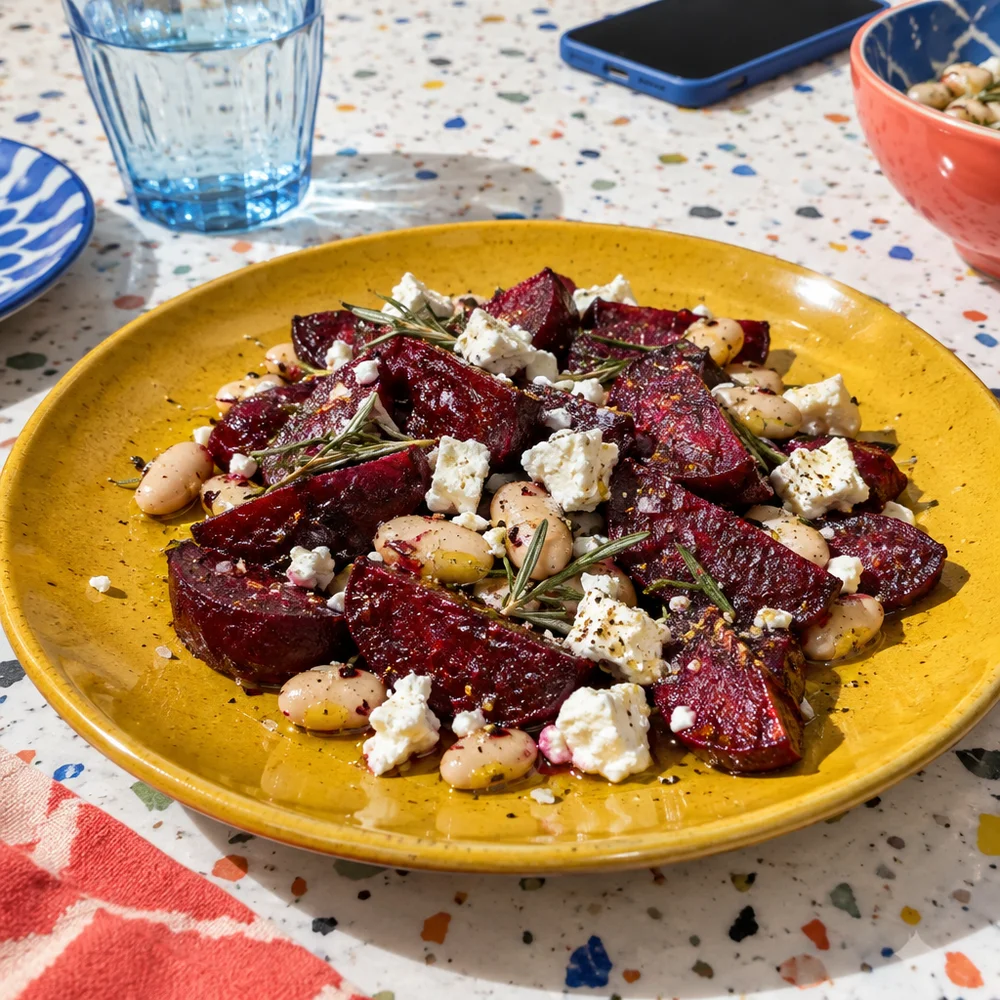Mediterranean air fryer beetroot wedges with beans and feta