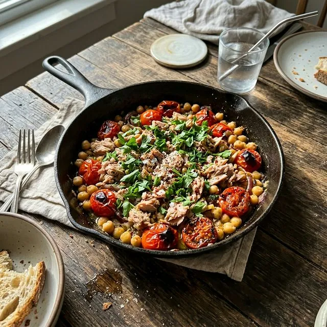 Mediterranean tuna and chickpea pan with fresh lemon