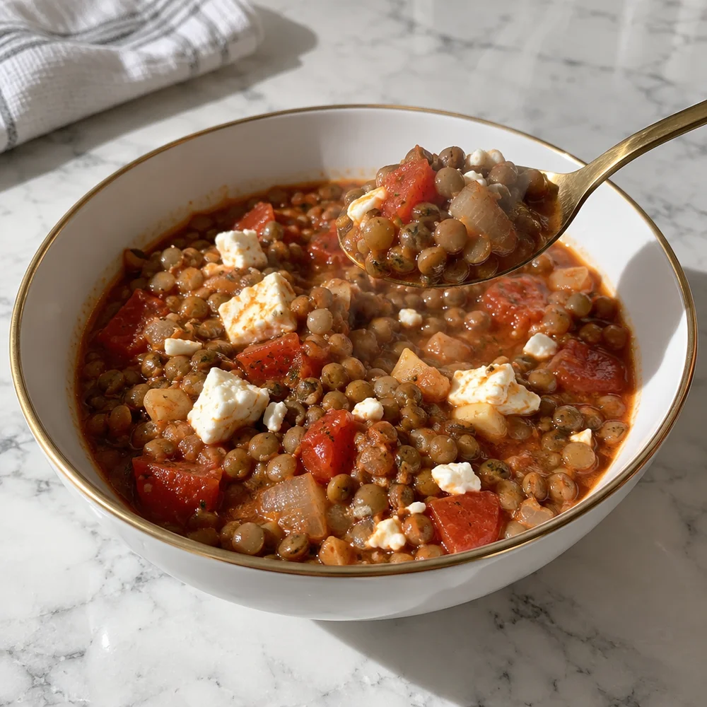 High-protein Mediterranean lentil stew with feta