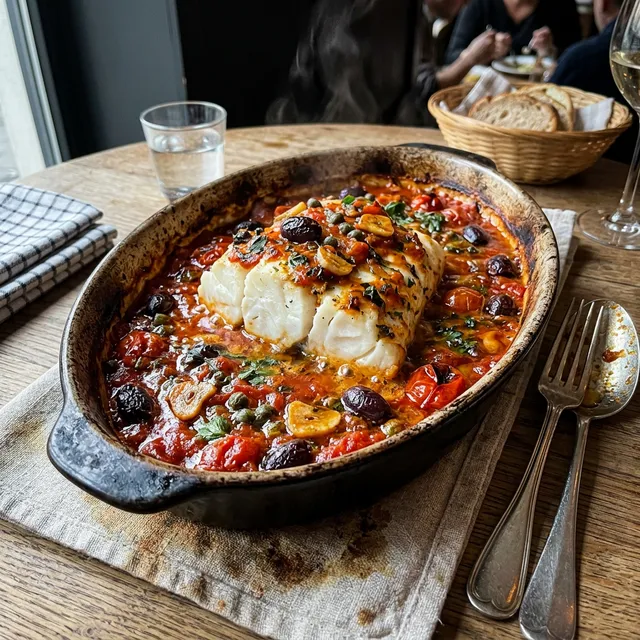 Low-carb baked cod with olives