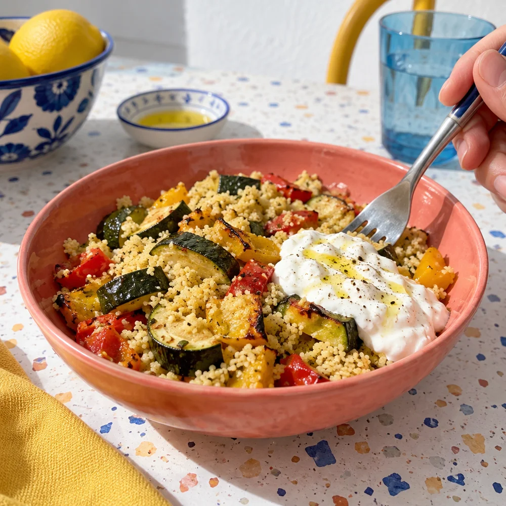 Mediterranean roasted veg couscous with lemon yoghurt
