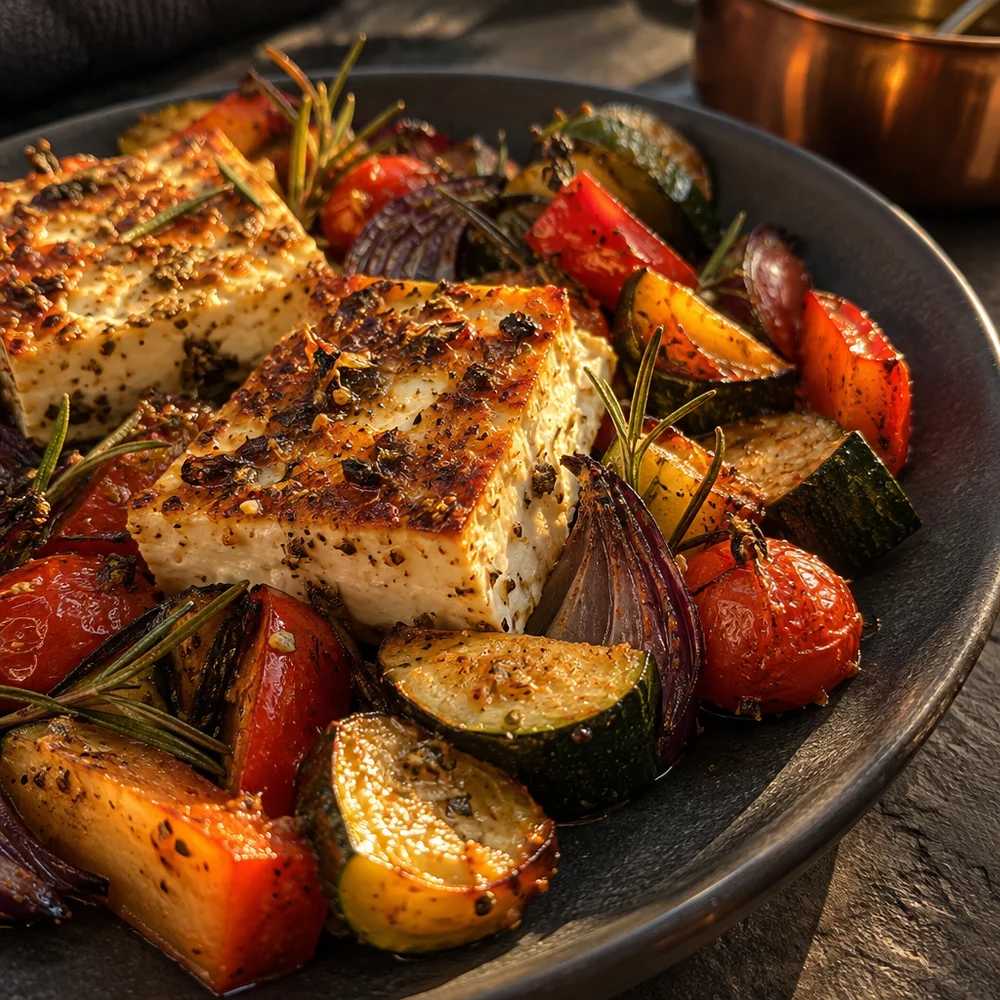 Mediterranean baked cheese with rosemary roast veg