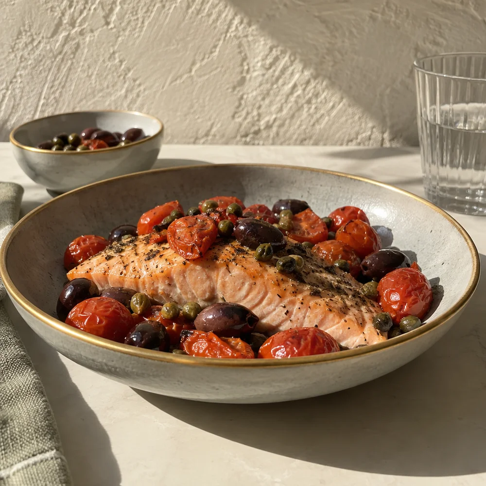 Mediterranean baked salmon with tomatoes, olives and capers