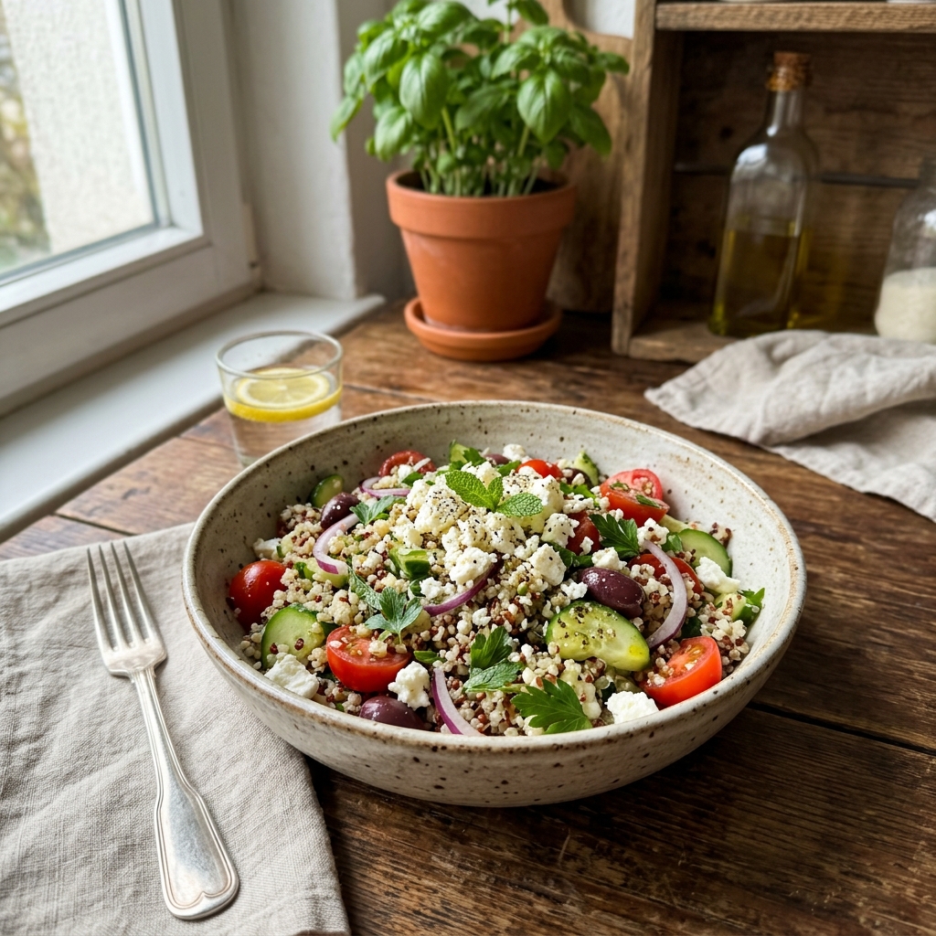 Mediterranean quinoa salad with sheep's cheese