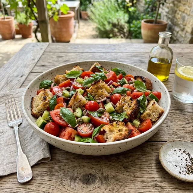 Mediterranean sourdough bread salad with tomatoes
