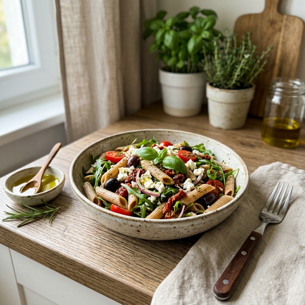 Mediterranean wholewheat pasta salad with rocket