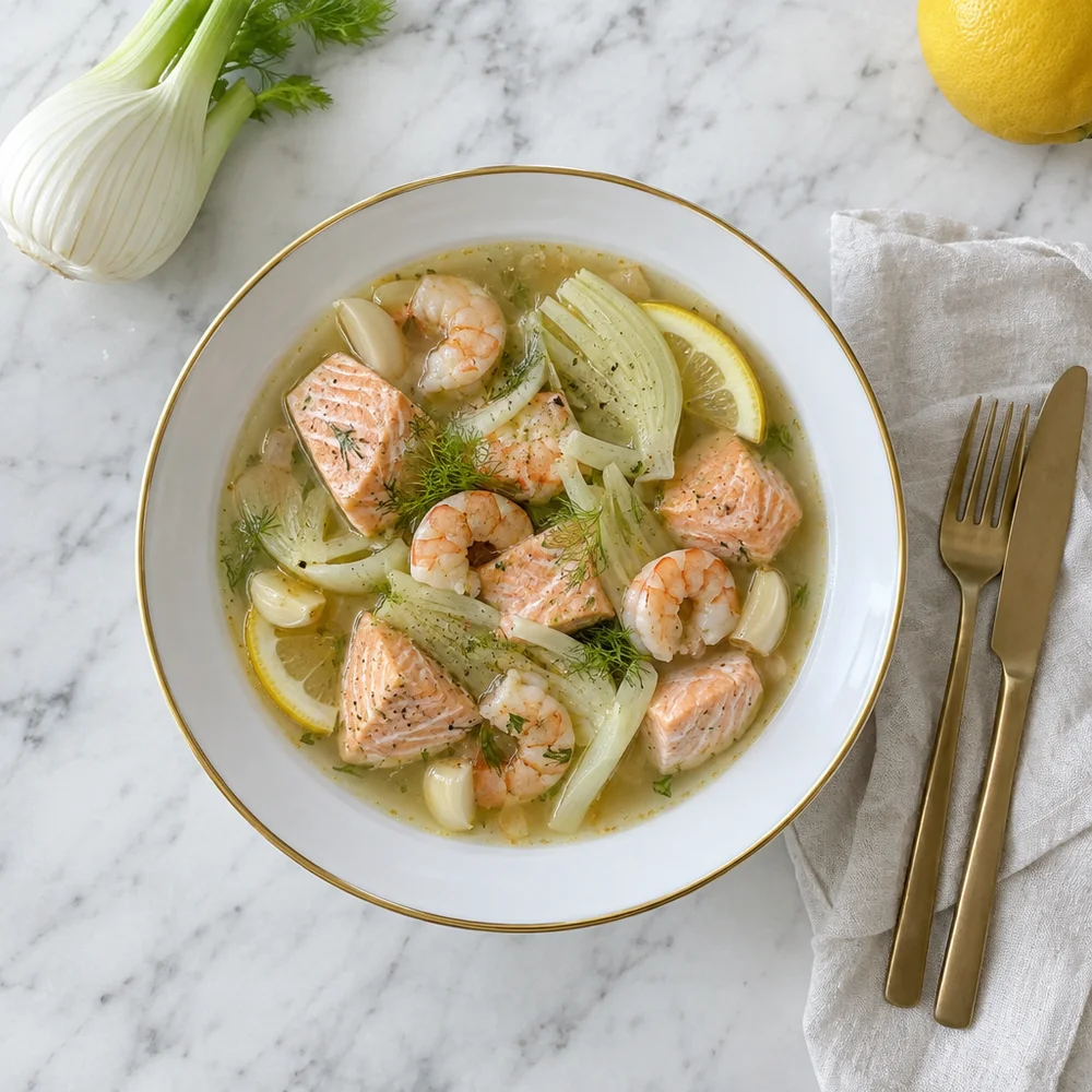 Mediterranean fish fondue with salmon, prawns and fennel