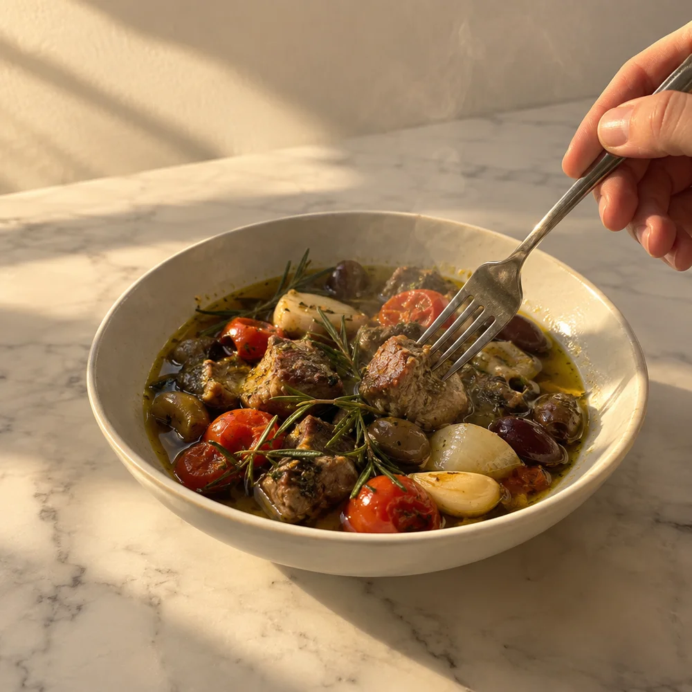 Mediterranean lamb fondue with rosemary, tomatoes and olives