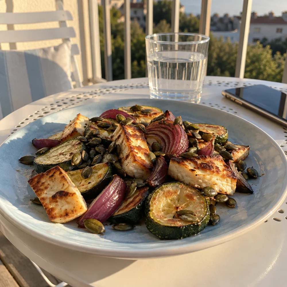Mediterranean roasted veg with halloumi and pumpkin seeds
