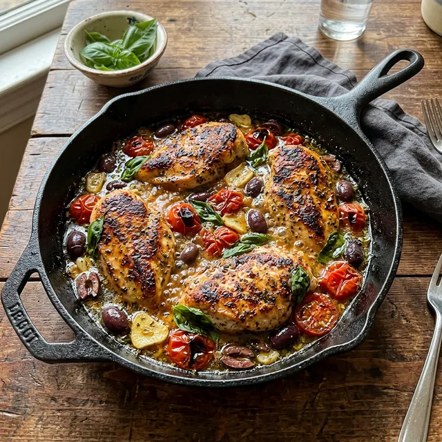Mediterranean pan-fried chicken with olives and tomatoes