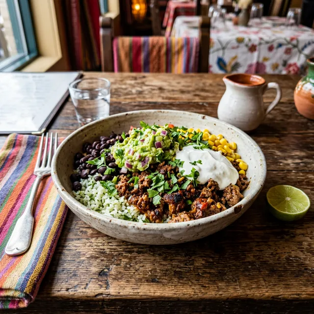 Gluten-free Mexican burrito bowl with coriander and lime rice