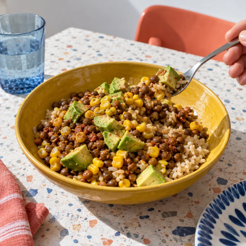 Mexican lentil taco bowl