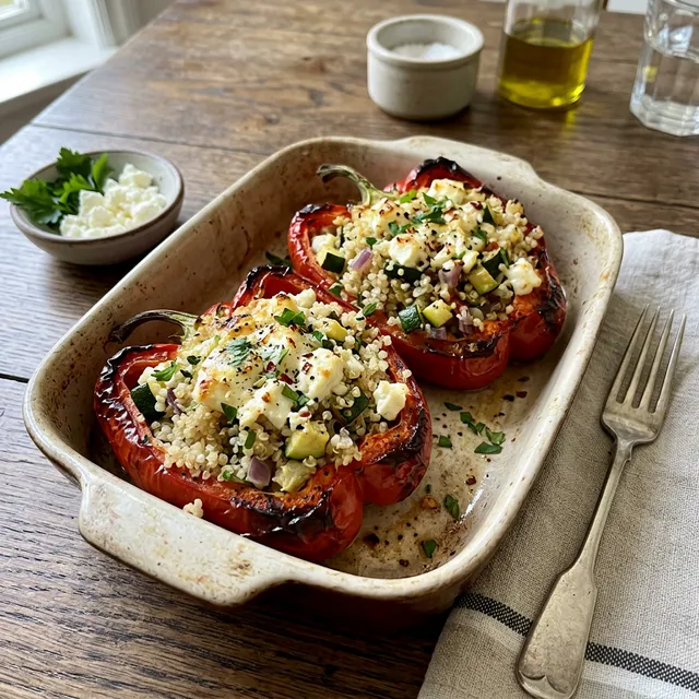 Red peppers stuffed with quinoa and feta