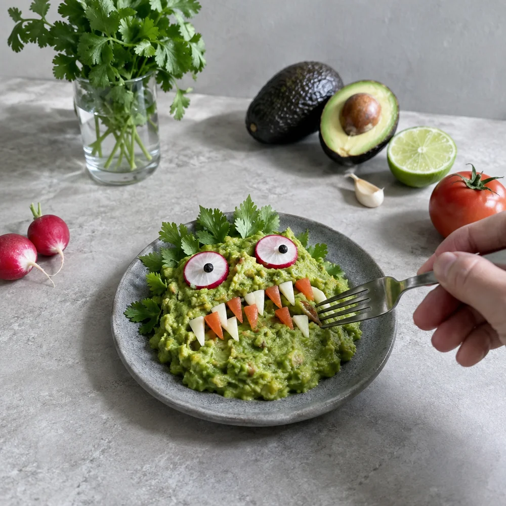 Monster guacamole with veggie teeth and radish eyes