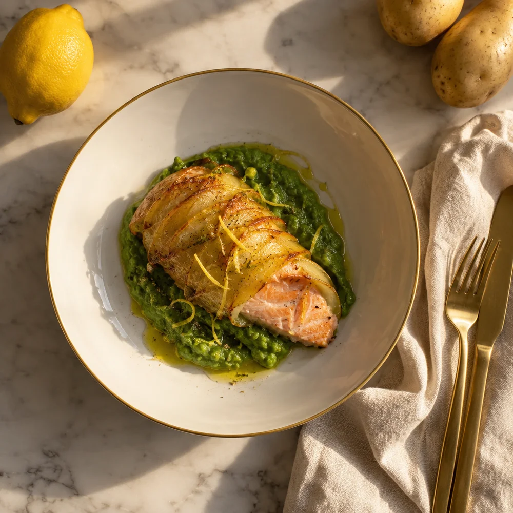 Mummy salmon in a potato wrap with pea purée