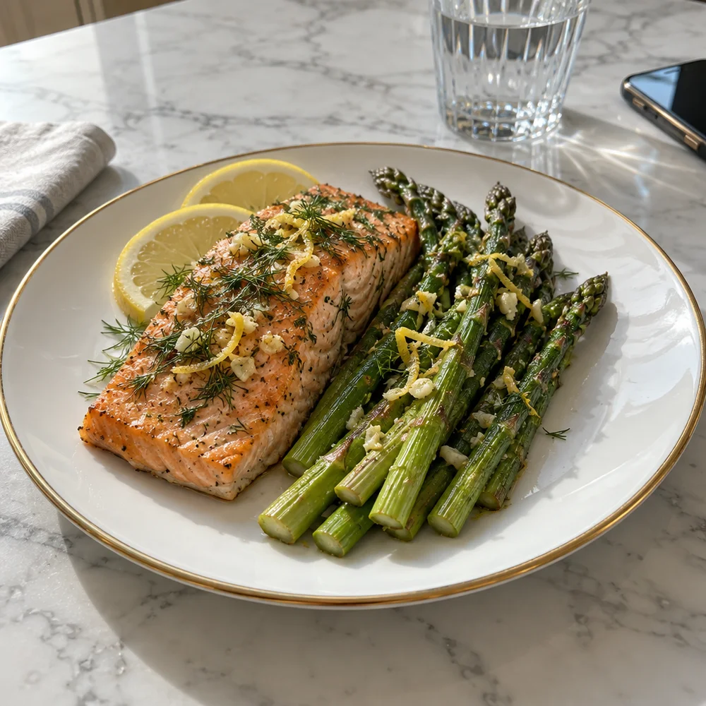 Oven-baked wild salmon with green asparagus and lemon-dill topping