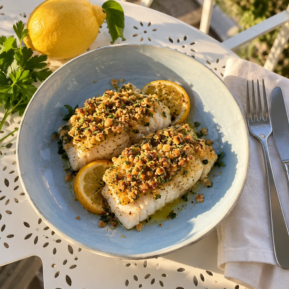 Oven-baked cod with a crispy lemon and herb crust