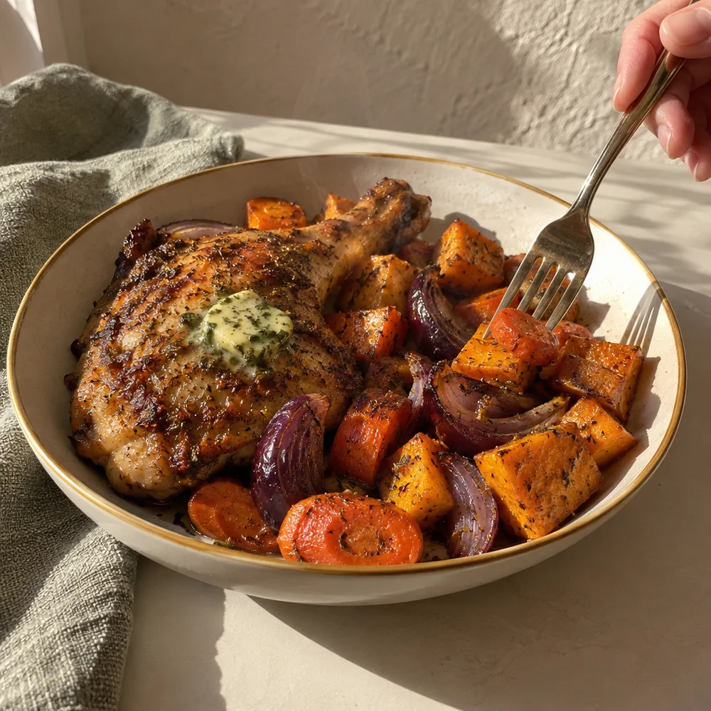 Roasted vegetables with chicken thighs and herb butter