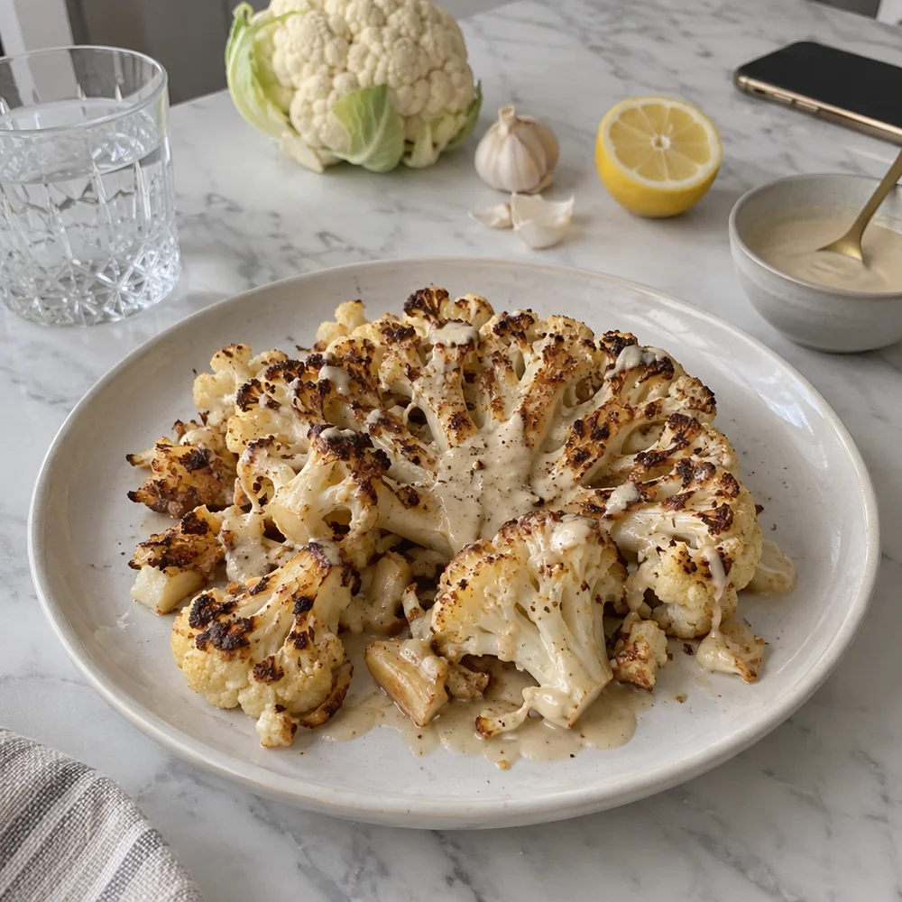 Vegan roasted cauliflower with tahini lemon dressing