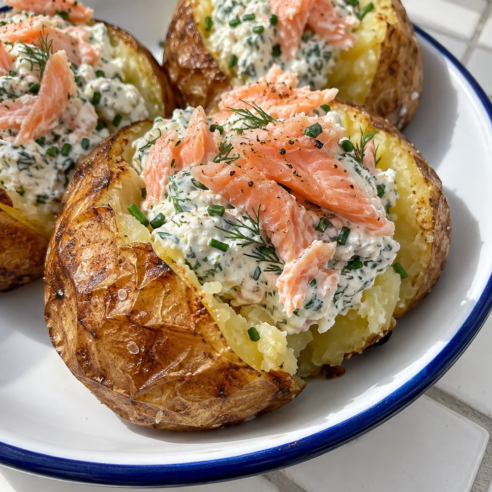 Baked potatoes with homemade herb and wild salmon quark