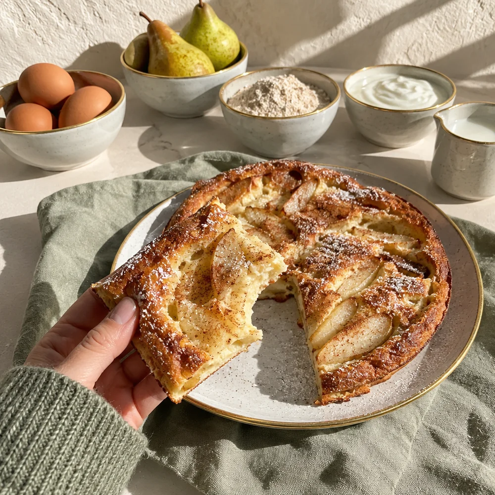 Dutch baby (oven pancake) with pears and cinnamon for Advent breakfast