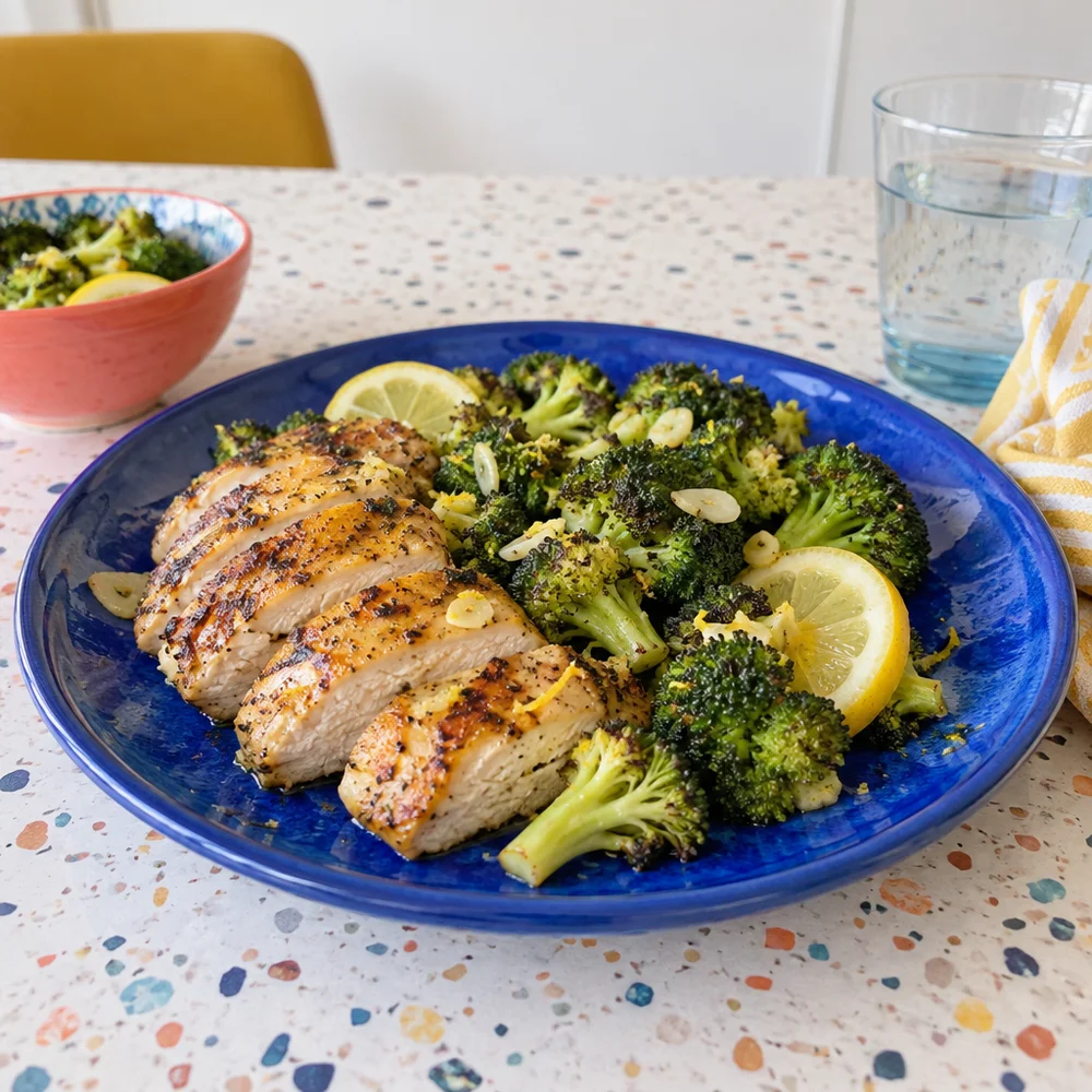 One-pan lemon chicken with garlic broccoli