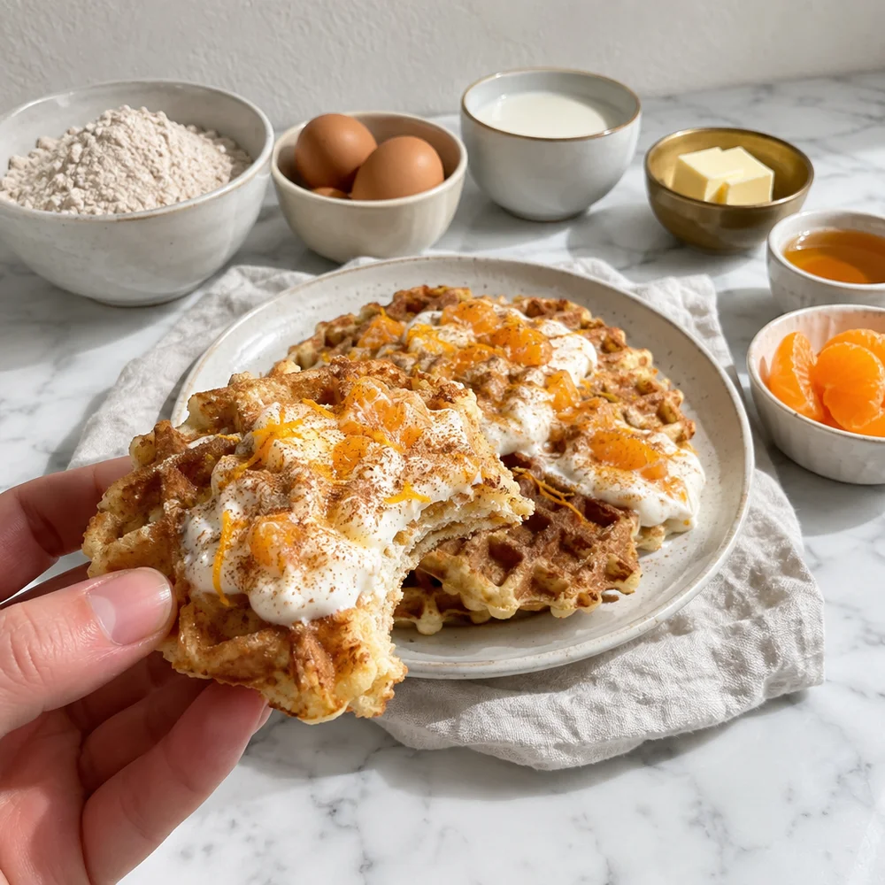Orange and cinnamon waffles with spelt and mandarin quark