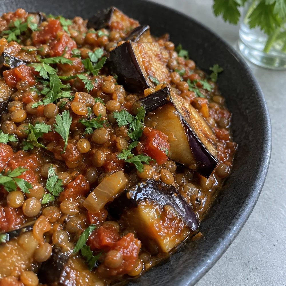 Middle Eastern-style aubergine pan with lentils