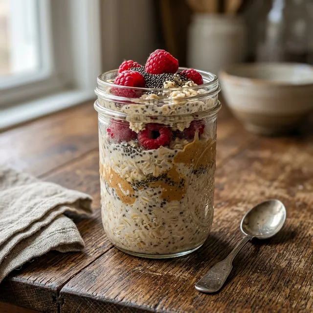 Gluten-free overnight oats with peanut butter and raspberries