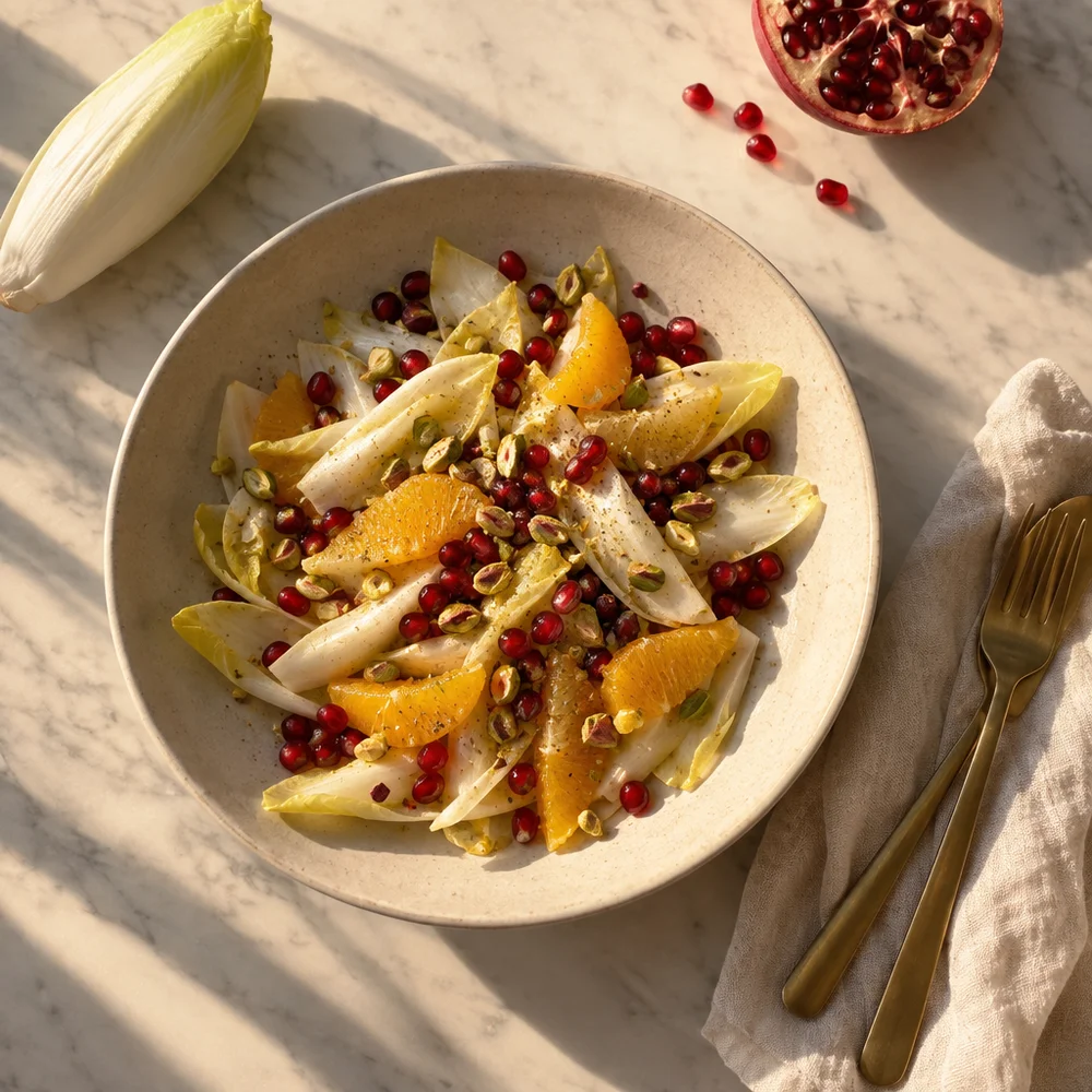 Paleo chicory salad with orange, pomegranate and pistachios for fondue
