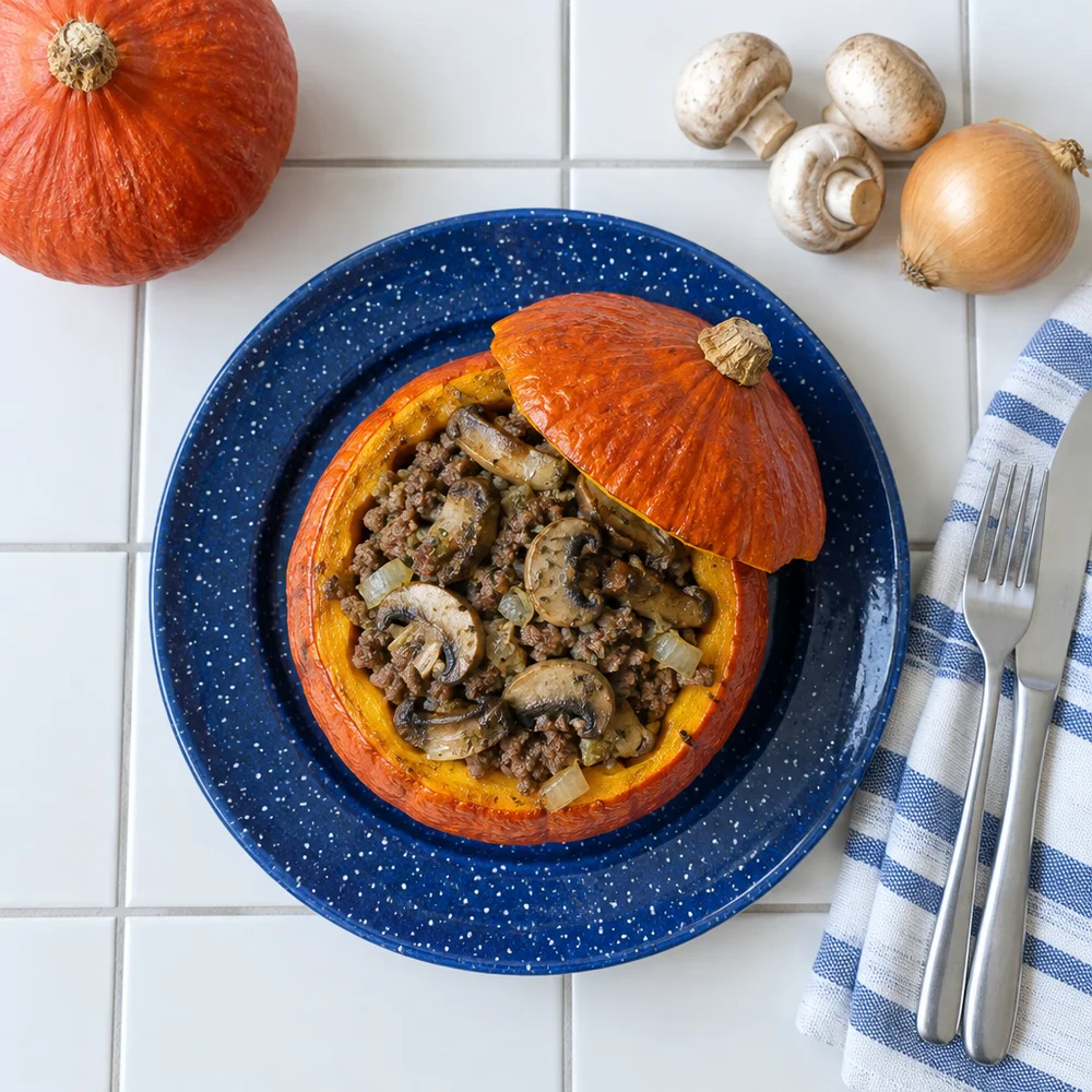 Paleo stuffed Hokkaido squash with lamb mince and mushrooms