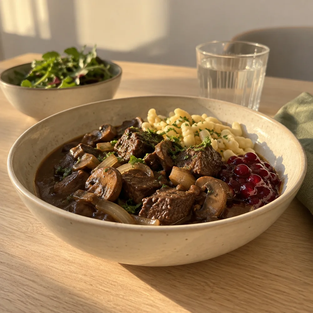 Paleo venison goulash with mushrooms and lingonberries