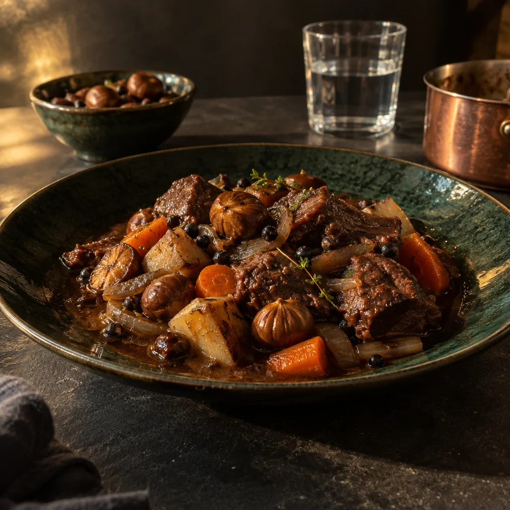 Paleo venison ragout with chestnuts and juniper