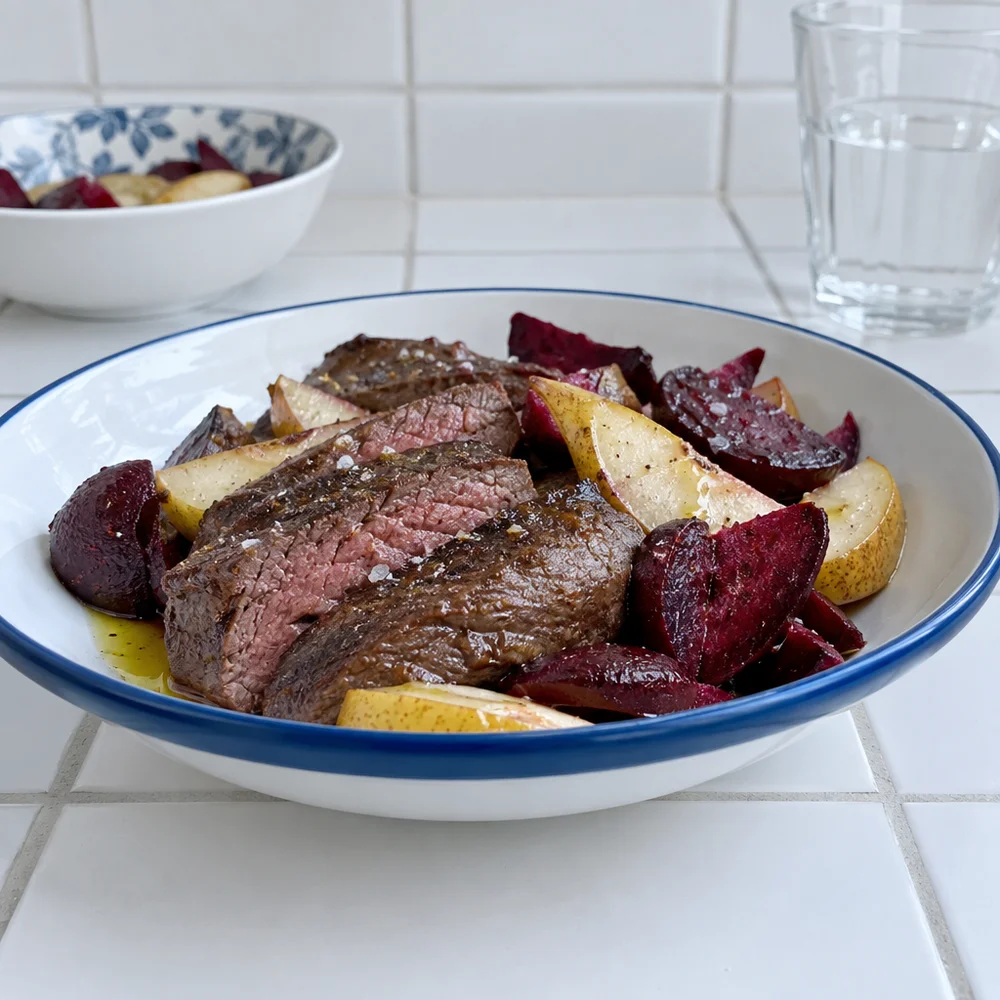 Paleo air fryer venison steaks with pear and beetroot