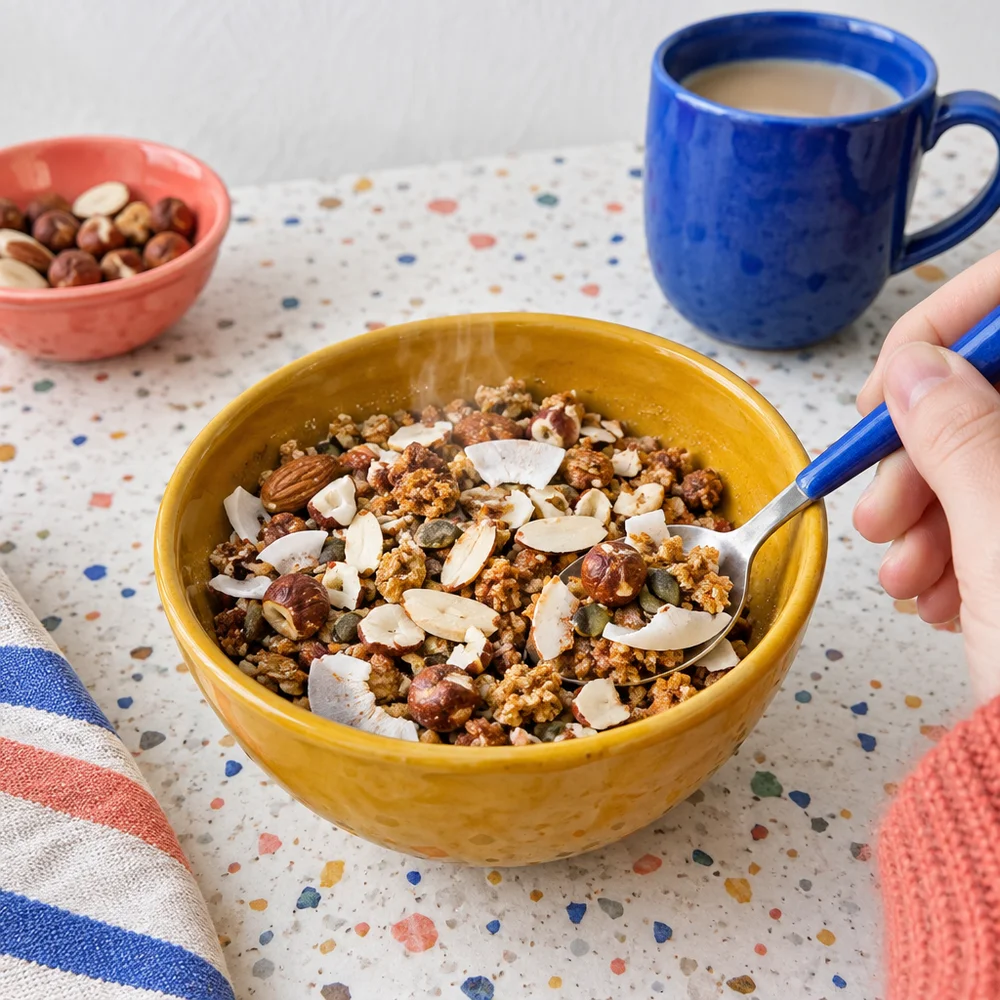 Paleo gingerbread granola with hazelnuts and coconut chips